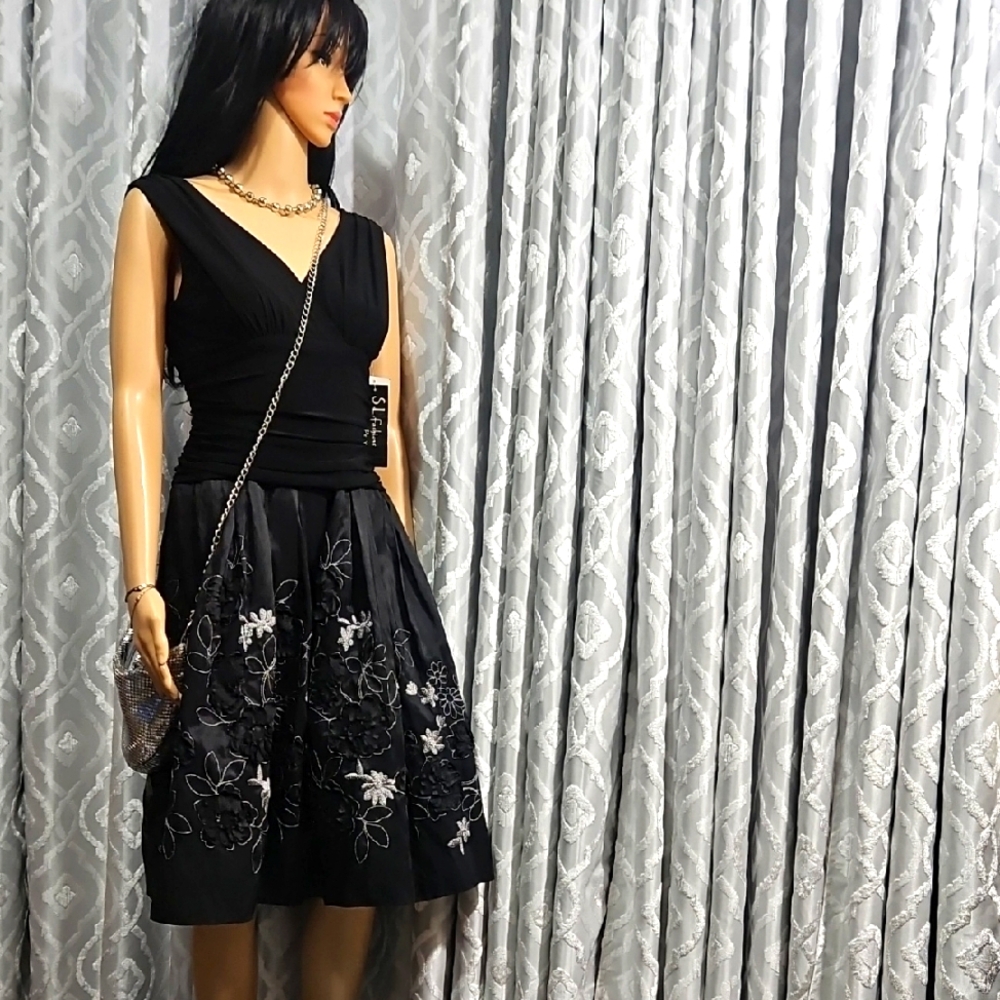 Black Embroidered V-Neck Midi Dress